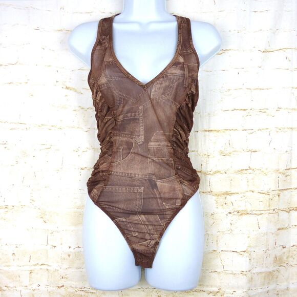 Y2K Bodysuit Women M Brown Jean Pocket Trompe Loeil Mesh Sheer Ruched V-neck VTG - Picture 2 of 15